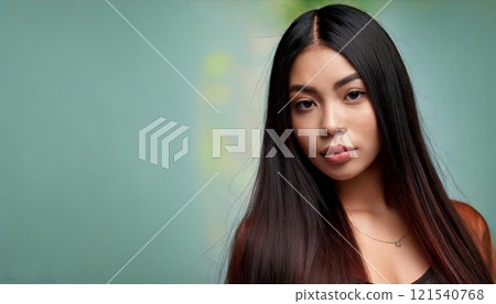 Studio shot of a young woman with long black hair 121540768