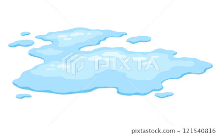 Water spill puddle. Blue liquid shape in flat cartoon style. Clean fluid drop design element isolated on white background 121540816