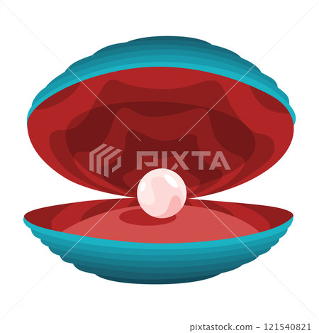 Pearl in seashell. Open seashell scallop and pearl shell icon. Beautiful pearl in clam shell in cartoon flat style. Vector illustration isolated on white background 121540821