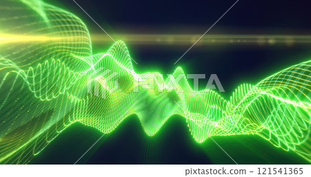 Vivid green illuminated waveforms on a dark background, conveying technology, data, and sound vibrations 121541365