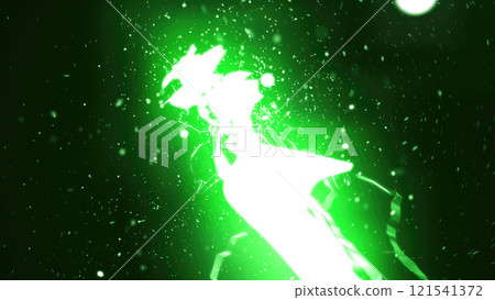 Vivid green electric lightning energy bursting in dark space, symbolizing powerful energy, environmental connection, and motion background 121541372