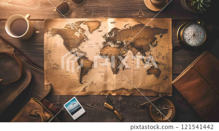 Flat lay background featuring a vintage map spread across a rustic wooden surface, surrounded by travel essentials Flat lay background featuring a vintage map spread across a rustic wooden surface, surrounded by travel essentials 121541442