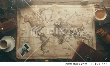 Flat lay background featuring a vintage map spread across a rustic wooden surface, surrounded by travel essentials 121541443