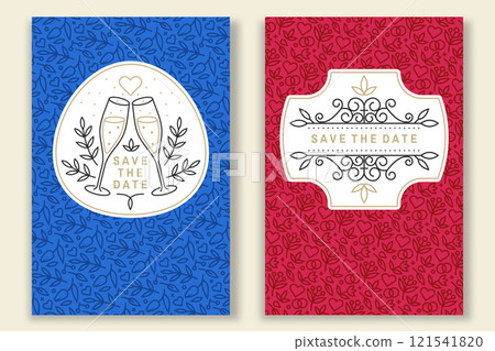 Wedding invitation card, flyer, poster, banner. Vector. Thin line geometric badge. Design templates and elements for save the date invitation card design. Modern minimalist design with champagne glass Wedding invitation card, flyer, poster, banner. Vector. Thin line geometric badge. Design templates and elements for save the date invitation card design. Modern minimalist design with champagne glass 121541820