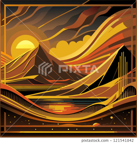 Art deco style illustration of a bridge and mountains at sunset with warm colors 121541842