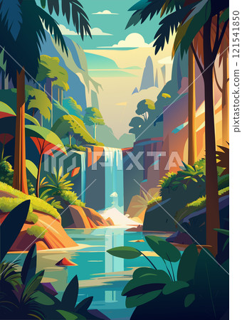 Tropical Paradise with Waterfall and Lush Vegetation 121541850