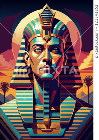 Ancient Egyptian Pharaoh in Majestic Headdress with Desert Pyramids Ancient Egyptian Pharaoh in Majestic Headdress with Desert Pyramids 121541852