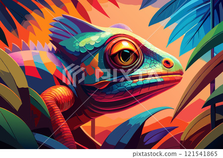 Vivid Iguana Portrait with Intricate Scales and Tropical Leaves Surrounding 121541865