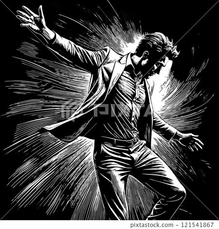 Dramatic Black and White Illustration of a Man in Suit Dancing Passionately Dramatic Black and White Illustration of a Man in Suit Dancing Passionately 121541867