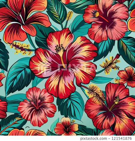 Colorful Exotic Floral Design with Red and Pink Hibiscus Blooms and Green Foliage Seamless Pattern 121541876