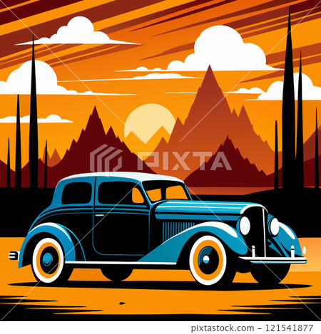 Vintage Blue Car on a Mountain Road at Sunset 121541877