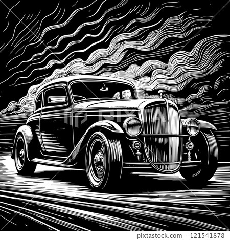 Vintage Hot Rod Car with Flames and Speed Lines Illustration 121541878