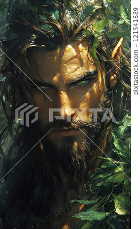 Daemon with green eyes in mystic forest. AI generative 121541889