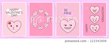 Cute Hearts Graphics. Cute Valentines Day posters with cartoon heart characters, pastel pink backgrounds, and playful typography for fun and romantic celebrations or baby birthday designs. 121541939