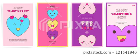 Playful Y2k Valentines Day posters with colorful groovy cartoon hearts, fun typography, and vibrant backgrounds for cheerful and romantic celebrations. 121541940