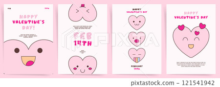 Cute Valentines Day poster and card templates with adorable heart illustrations, perfect for celebration and decoration. Modern minimalistic designs for February 14th. 121541942