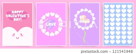 Adorable Hearts. Cute Valentines Day posters with pastel hearts, cheerful typography, and colorful backgrounds for romantic celebrations and festive promotions. Adorable Hearts. Cute Valentines Day posters with pastel hearts, cheerful typography, and colorful backgrounds for romantic celebrations and festive promotions. 121541948