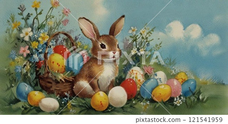 easter bunny and eggs on a meadow 121541959