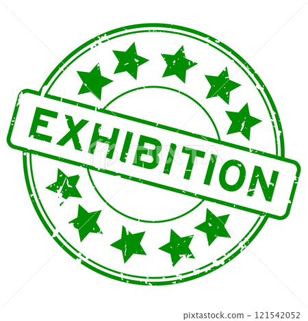 Grunge green exhibition word with star icon round rubber seal stamp on white background Grunge green exhibition word with star icon round rubber seal stamp on white background 121542052