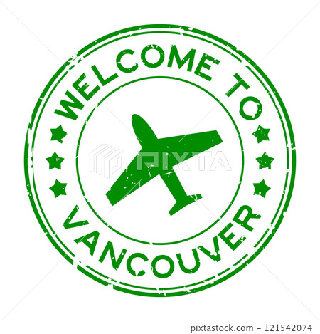 Grunge green welcome to vancouver word with plane icon round rubber seal stamp on white background Grunge green welcome to vancouver word with plane icon round rubber seal stamp on white background 121542074