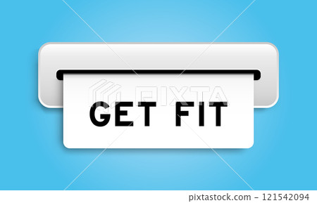 White coupon banner with word get fit from machine on blue color background 121542094
