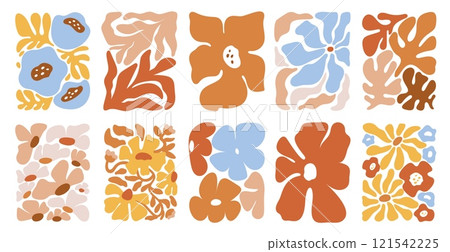 Abstract modern flowers. Groovy botanic art. Decorative plant elements. Floral compositions. Matisse style creative print. Hippie blossoms. Natural leaves and corals. Garish vector set Abstract modern flowers. Groovy botanic art. Decorative plant elements. Floral compositions. Matisse style creative print. Hippie blossoms. Natural leaves and corals. Garish vector set 121542225