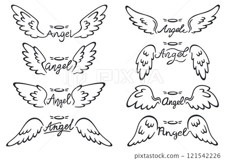 Angel wings emblems. Elegant lettering. Hand drawn angelic inscriptions. Heavenly holy elements. Nimbo line sketch. Calligraphic text. Celestial saint. Tattoo print. Recent vector set 121542226