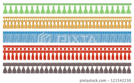 Cartoon seamless fringe borders. Tassel garlands. Textiles decoration. Fabric ornament. Thread brushes. Sewing accessories. Macrame rope trinkets. Cord embellishment. Splendid vector set Cartoon seamless fringe borders. Tassel garlands. Textiles decoration. Fabric ornament. Thread brushes. Sewing accessories. Macrame rope trinkets. Cord embellishment. Splendid vector set 121542230