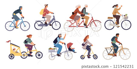 Citizens on bicycles. People ride different bikes. Green transport. Women on bikes. Men baking in park. Elderly couple on tandem. Stroller trailer. Garish vector happy bicyclists set Citizens on bicycles. People ride different bikes. Green transport. Women on bikes. Men baking in park. Elderly couple on tandem. Stroller trailer. Garish vector happy bicyclists set 121542231