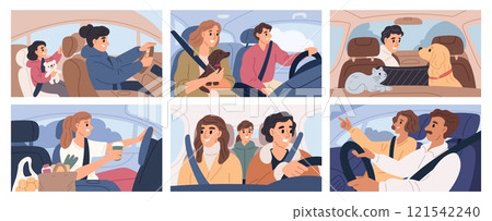People driving cars. Happy men and women in private auto interiors. Personal transport traffic. Vehicle salon. Drivers and passengers travel. Automobile transportation. Garish vector set 121542240