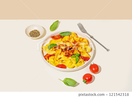 Tagliatelle or pappardelle pasta with tomato sauce, basil and parmesan cheese in a plate 121542318
