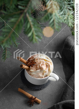 Hot chocolate with whipped cream, cinnamon and anise in a cup on a dark background with fir tree 121542339