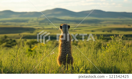 Meerkat observing vast savanna landscape during golden hour. Wildlife and solitude concept Meerkat observing vast savanna landscape during golden hour. Wildlife and solitude concept 121542425