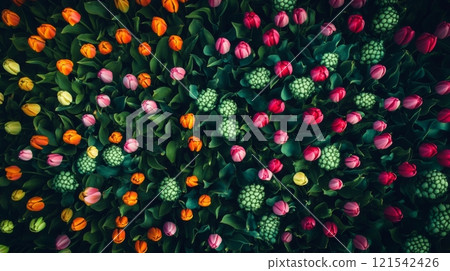 colorful tulip field from above, vibrant floral pattern. spring nature and gardening concept colorful tulip field from above, vibrant floral pattern. spring nature and gardening concept 121542426
