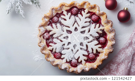 Snowflake decorated raspberry pie with powdered sugar. Festive holiday dessert concept 121542427