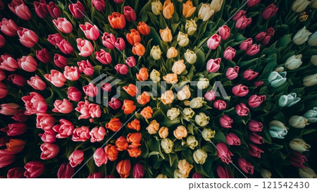 Colorful tulip garden with vibrant flowers in full bloom, top view. Nature and springtime beauty concept 121542430