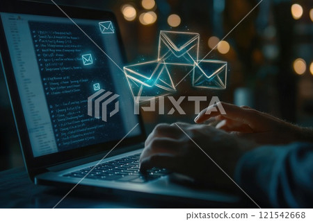 Modern Laptop with Email Program and Floating Envelope Icon, Technology Concept Modern Laptop with Email Program and Floating Envelope Icon, Technology Concept 121542668