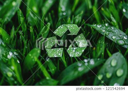 Recycle Symbol on Lush Green Grass with Water Droplets 121542694