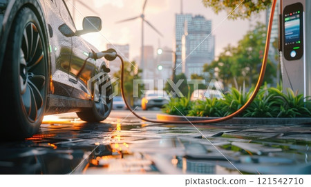 Futuristic Electric Vehicle Charging at Modern Station in Green Cityscape - Eco-Friendly Transportation Concept Futuristic Electric Vehicle Charging at Modern Station in Green Cityscape - Eco-Friendly Transportation Concept 121542710