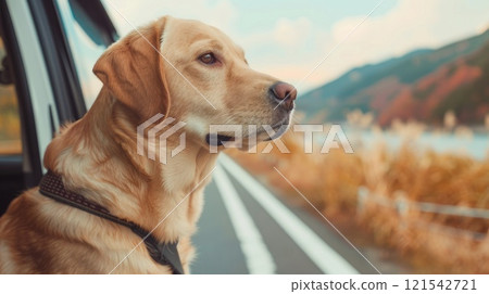 A dog is sitting in a car window looking out at the road 121542721