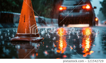 A car is driving down a wet road with a cone in the middle of the road 121542729