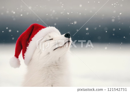 Chic Arctic Fox in Winter Gear with Santa Hat 121542731