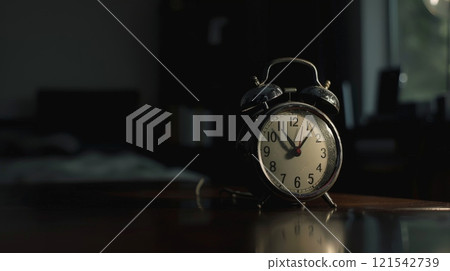 Close-up of alarm clock against black background, An alarm clock on a table surrounded by darkness 121542739