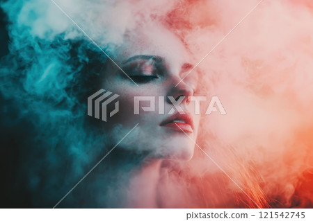 A woman's face is obscured by a cloud of smoke. The woman's face is the only thing visible A woman's face is obscured by a cloud of smoke. The woman's face is the only thing visible 121542745