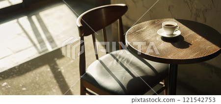 A wooden table with a white cup and saucer on it 121542753