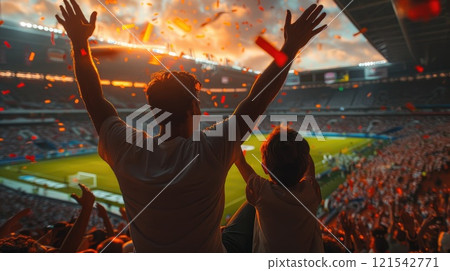 Excited father and son celebrating goal in football stadium stands Excited father and son celebrating goal in football stadium stands 121542771