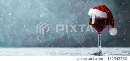 Festive Red Wine Glass with Santa Hat and Glitter 121542780