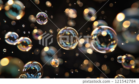 A colorful image of bubbles with a dark background, The bubbles are of different colors and sizes, and they are scattered all over the image. 121542784