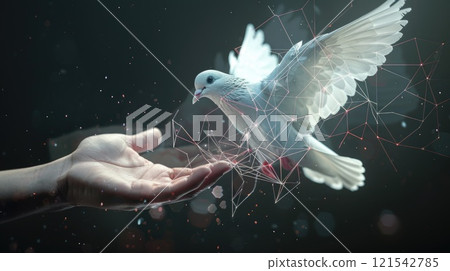 Harmonious Fusion of Nature and Technology, Digital Dove Interacting with Geometric Hand in Minimalistic Setting Harmonious Fusion of Nature and Technology, Digital Dove Interacting with Geometric Hand in Minimalistic Setting 121542785