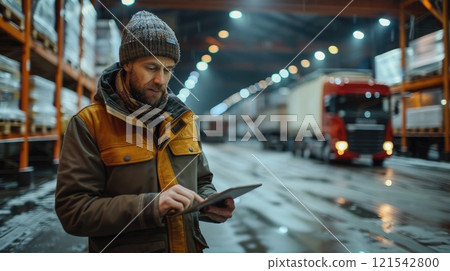 Modern Logistics Manager Analyzing Data at Warehouse: Technology, Economics, and Efficiency. 121542800